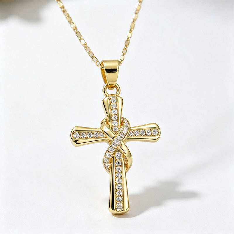 Women's Sparkling Twisted Knot Cross Pendant Necklace – Elegant Faith-Inspired Design with Brilliant Shine ✨